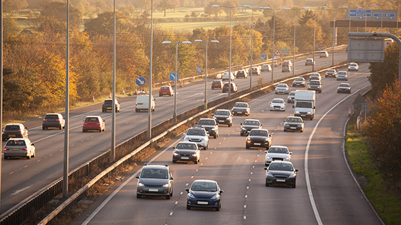 motorway traffic in winter sun